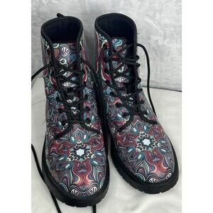 Abstract Art Vegan Leather Combat Boots Floral Multicolor Size 10-11